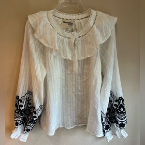 Savannah Jane White Blouse with Black Embroidered Sleeves